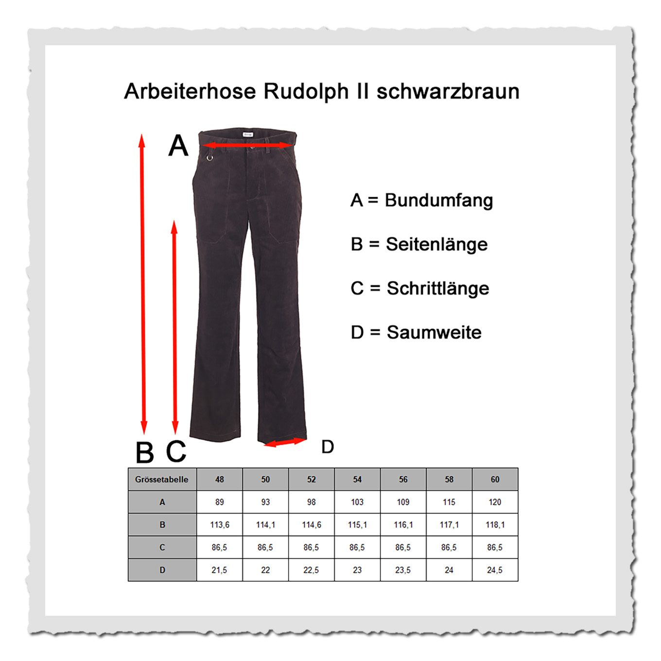 Retronia Arbeiterhose Rudolph II – schwarzbraun - Masstabelle der Hose